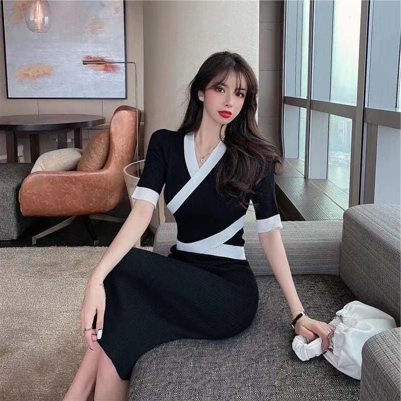 Đầm dệt kim SUXI cổ chữ V tay ngắn màu sắc đơn giản thời trang mùa hè dành cho nữ