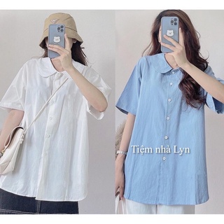 Áo sơmi trơn cộc tay cổ sen xanh/trắng