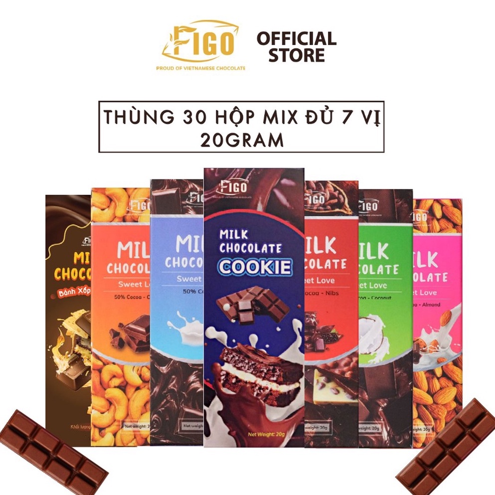 [GIÁ TỐT| 30 HỘP MIX ĐỦ 7 VỊ 20G] Chocolate 50% Cacao| Kẹo socola sữa đủ 7 vị Hạnh nhân Hạt điều Dừa Nho Phô mai FIGO