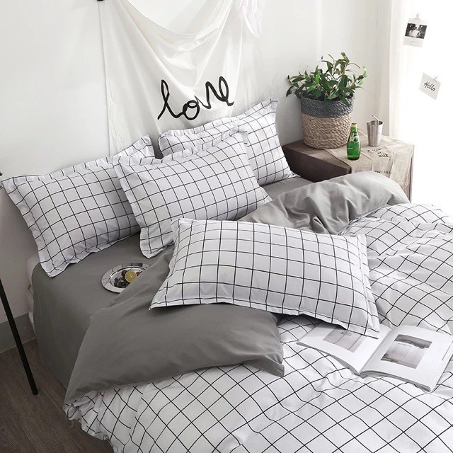 Bộ ga gối poly cotton Bo Decor kẻ ô trắng