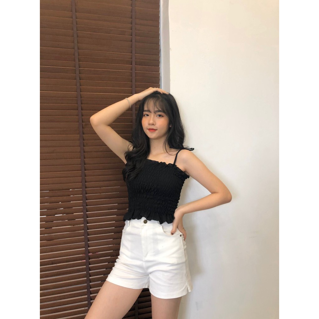 ÁO 2 DÂY NHÚN BÈO BUỘC NƠ ULZZANG ĐEN TRẮNG TÍM NÂU - ÁO CROPTOP HAI DÂY THẮT NƠ HOT