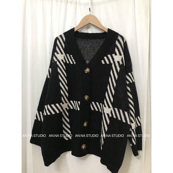Áo khoác len Cardigan kẻ sọc hai màu dáng rộng form suông
