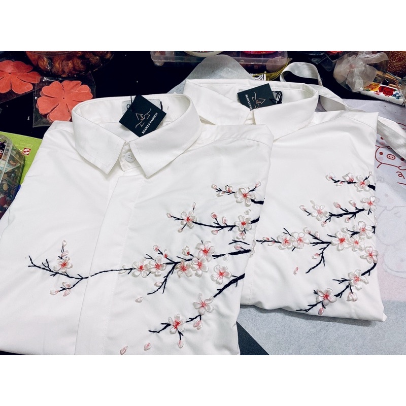 Sơ Mi Thêu Tay. Ruy Băng Hoa Đào Unisex
