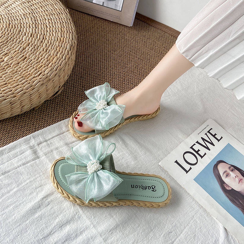 Dép Đi Biển Đế Bệt Đính Nơ Và Ngọc Trai Phong Cách Mới