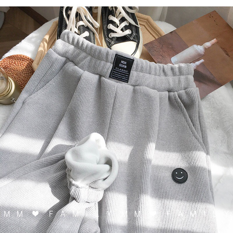 (Ảnh thật) Quần bo tăm chất siêu dày Logo in mặt cười_Quần jogger nam nữ unisex 2 màu basic