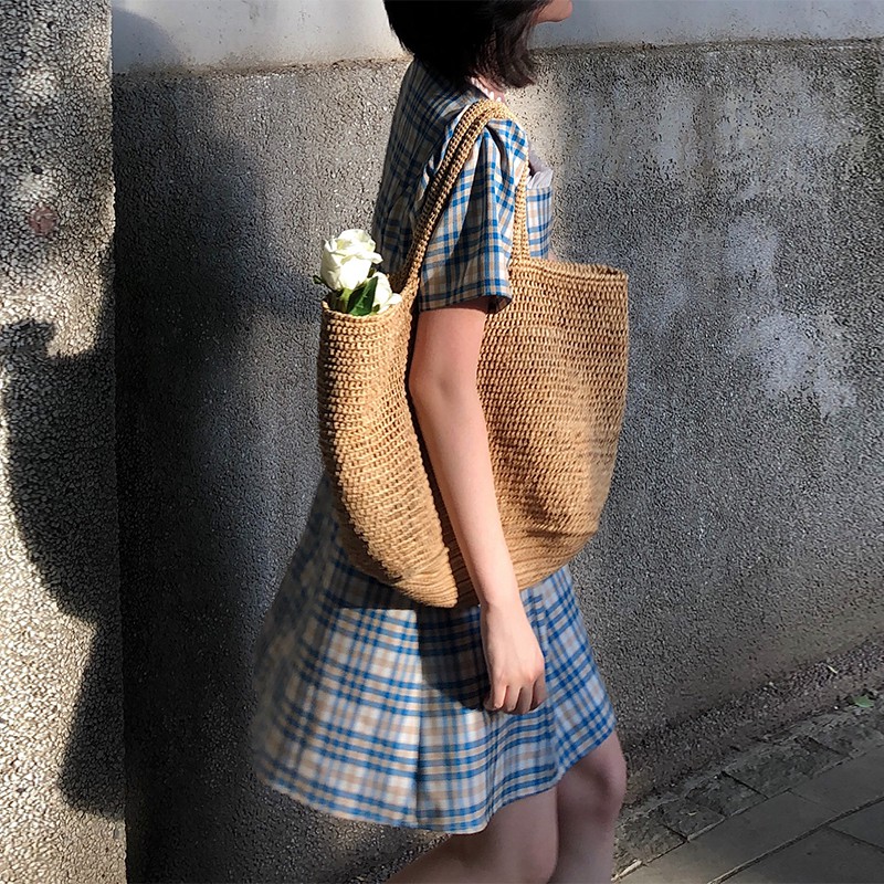 Xiaozhainv Đầm tay phồng ngắn cổ vuông họa tiết sọc caro thời trang Hàn Quốc dành cho bạn nữ | BigBuy360 - bigbuy360.vn