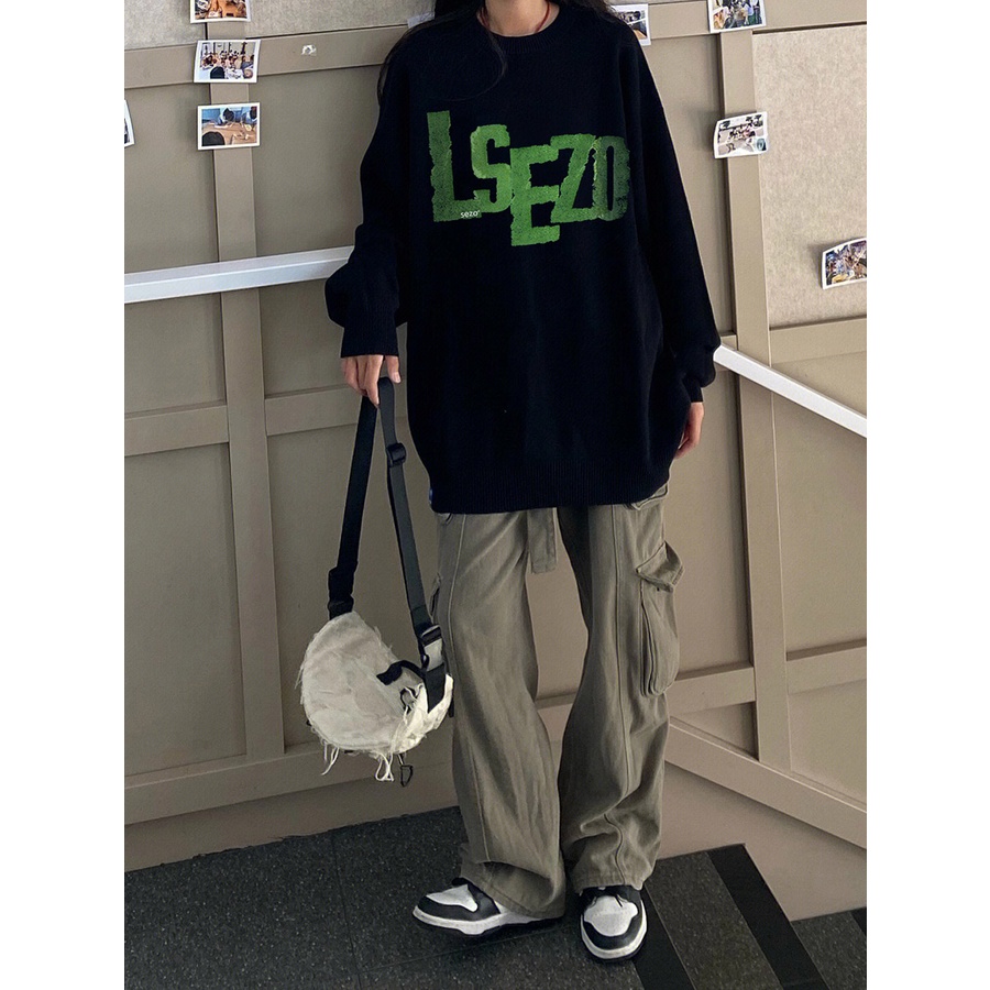 SELVZE Áo sweater cổ tròn dáng rộng in họa tiết phong cách retro Mỹ thời trang cá tính cho nữ