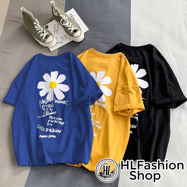 Áo thun tay lỡ hoa cúc nhỏ in trước và sau xinh xắn, áo phông form rộng HLFashion