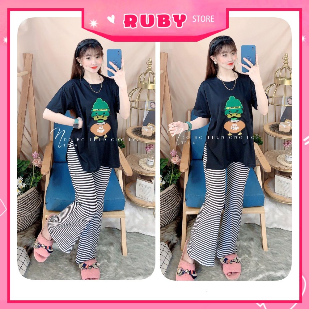 Đồ bộ thun dài ống loe sọc hot chất thun mềm mát in hình hoạt hình dễ thương TP114