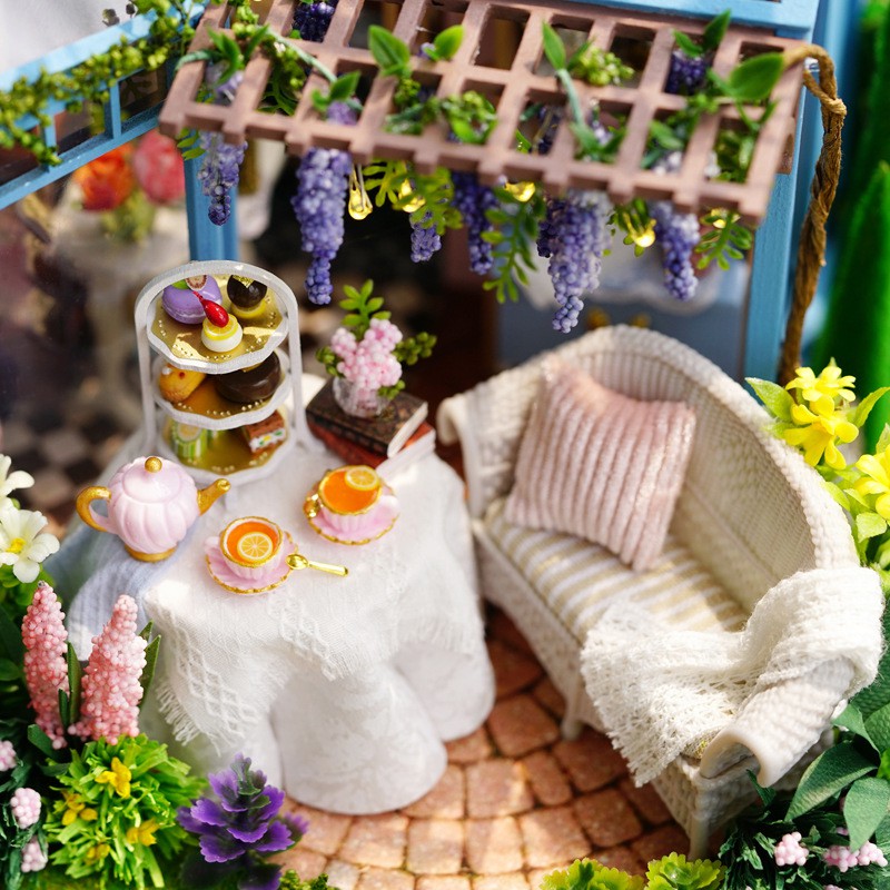 Mô hình nhà DIY Doll House Rose Garden Tea House Kèm Mica Chống bụi, Bộ dụng cụ, Keo dán và Bộ phát nhạc