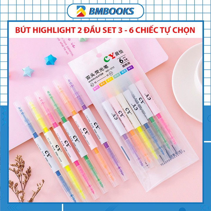 Bút highlight dạ quang pastel 2 đầu nhiều màu tiên dụng set 3 và set 6 bút BMBooks