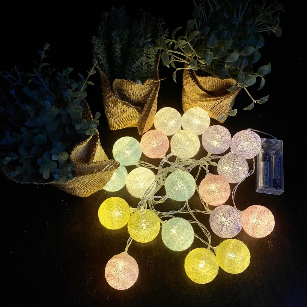 (Tặng Pin AA) Dây Đèn Cotton Ball 3 Mét 20 Banh Led, Banh Vải, 5 Màu Pastel, Không Nhấp Nháy