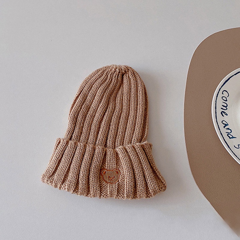 Mũ Beanie Dệt Kim Thêu Hình Gấu Dễ Thương Cho Bé