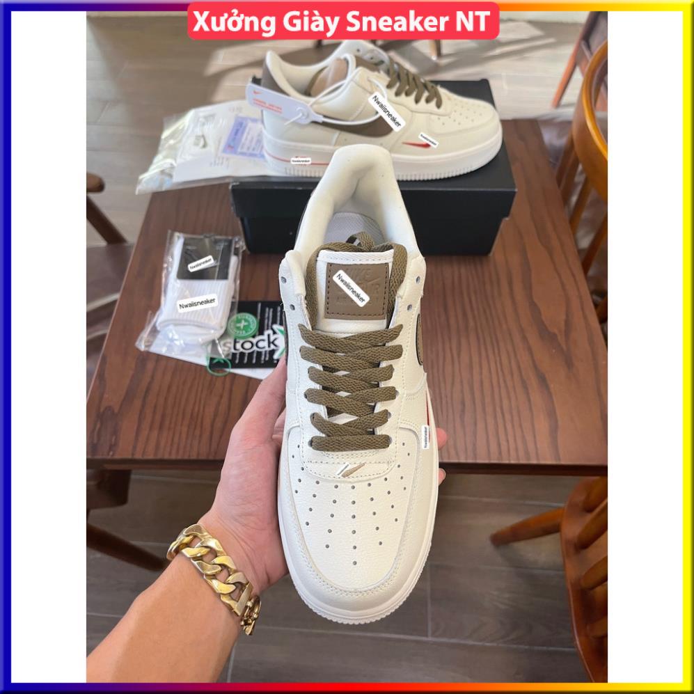 Giày AF1 trắng Full, Giày sneaker air force 1 vệt nâu White brown nam nữ cao cấp Full Box Bill dễ phối đồ | BigBuy360 - bigbuy360.vn