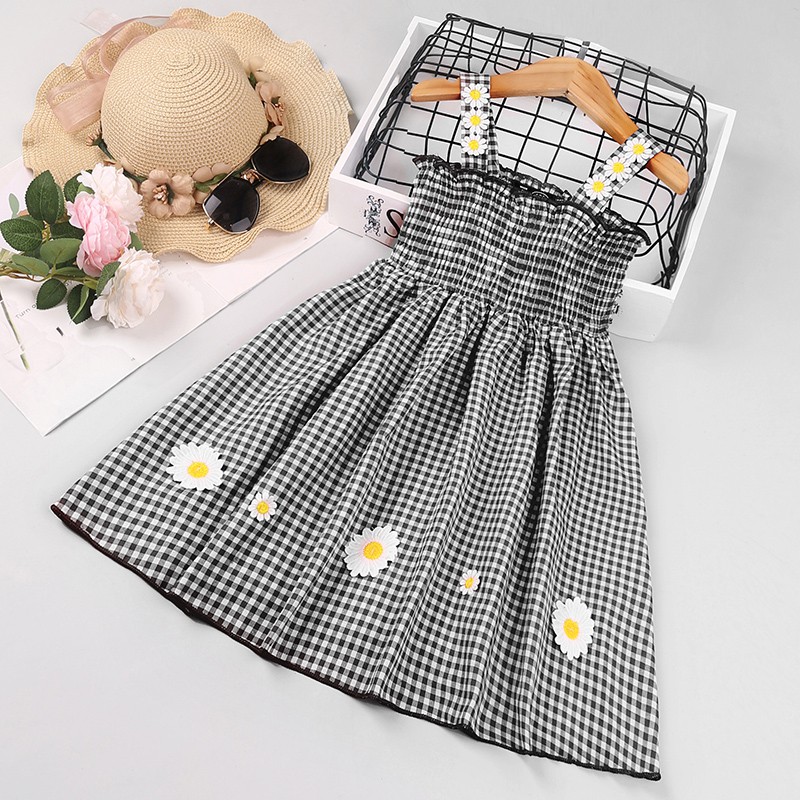 Đầm công chúa SIYYIS hai dây in họa tiết hoa/ kẻ sọc caro thời trang mùa hè cho bé gái 1-6 tuổi
