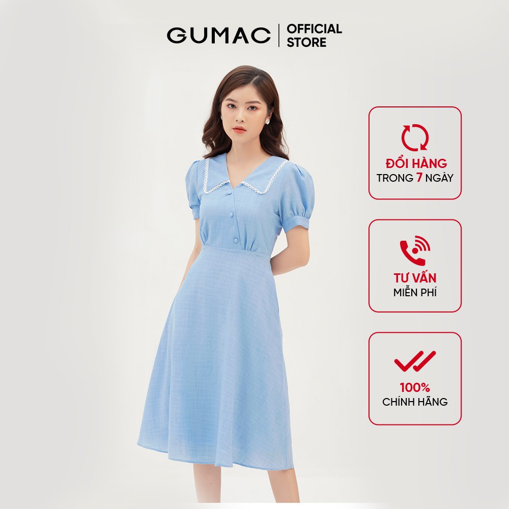 phong cách Hàn Quốc Đầm xòe nữ cổ viền đăng ten GUMAC màu xanh, đủ size, phòng cách thanh lịch, sang trọng DB310