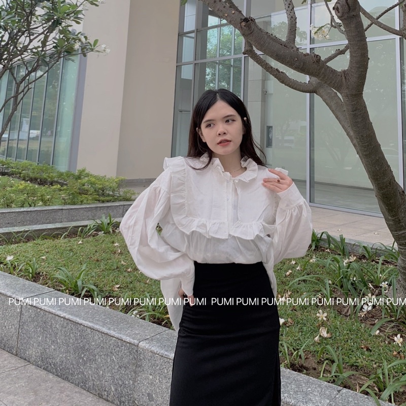 Áo BBD trắng cổ bèo tay dài tiểu thư vải đũi freesize Pumi
