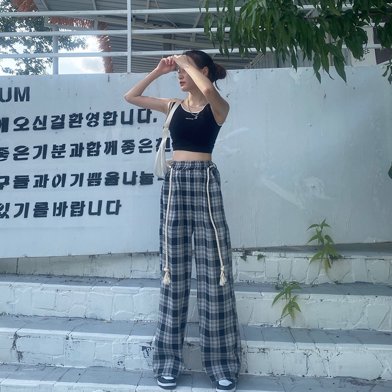 Quần dài SUXI lưng cao ống rộng họa tiết sọc caro phong cách vintage thời trang cho nữ