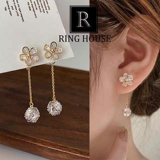 (Chuôi Bạc 925) E10 Khuyên Tai Bông Tai Nữ Thiết Kế Hoa Dài Ring House