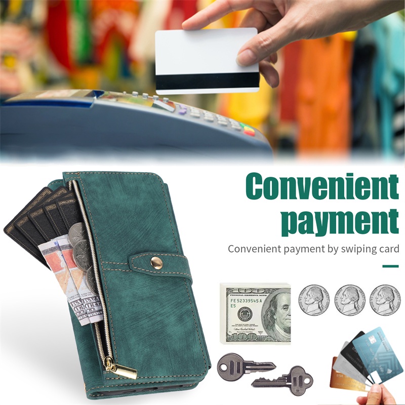 Bao Da Điện Thoại Nắp Lật Kèm Ngăn Đựng Thẻ Có Khóa Kéo Và Dây Đeo Cho Xiaomi 11T POCO X3 NFC 12T Redmi Note 11 10 Pro Max 10S 11S Giá Đỡ