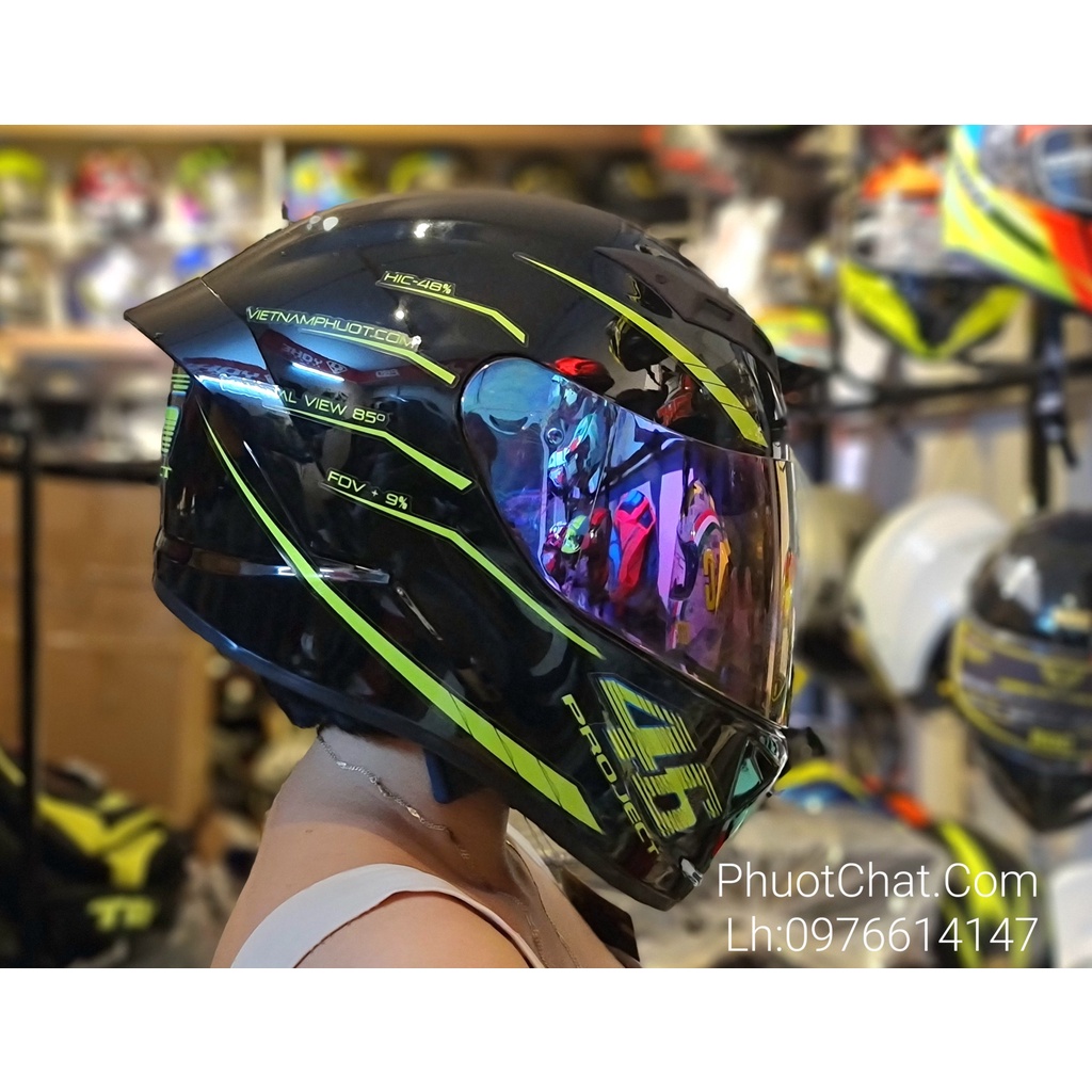 Mũ bảo hiểm Fullface M266 2 kính đen bóng dán tem 46 xanh lá