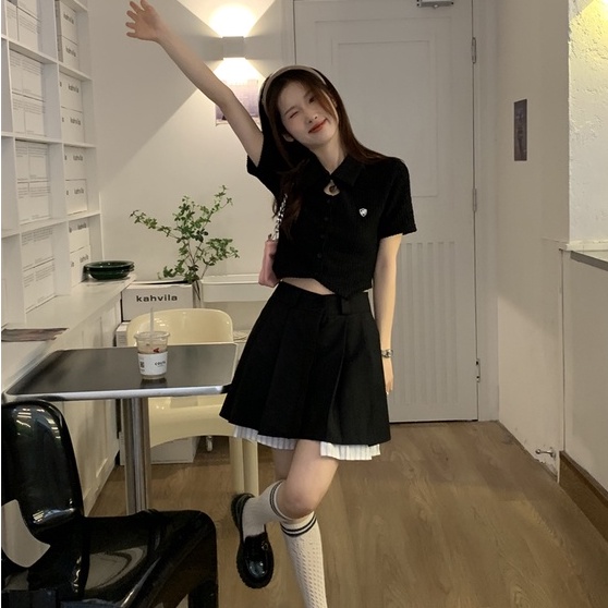 Áo thun polo ZHELIHANGFEI dệt kim tay ngắn lưng cao thiết kế cá tính quyến rũ cho nữ