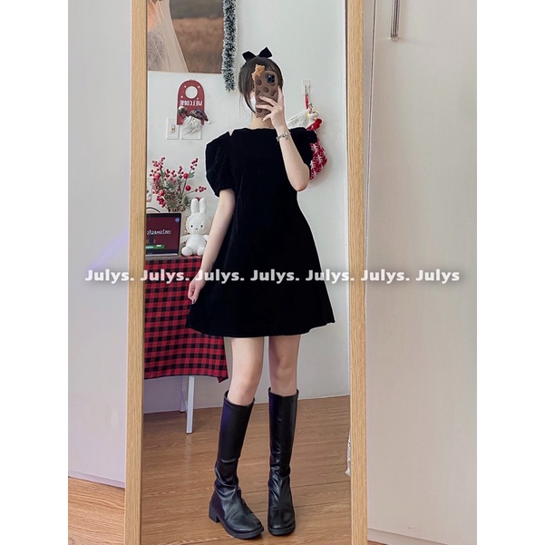 Đầm nhung tay bồng cut out (ảnh thật shop chụp kèm video)