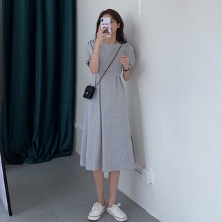 Váy Midi tay ngắn kiểu Pháp Váy xẻ cổ tròn Hàn Quốc dành cho nữ