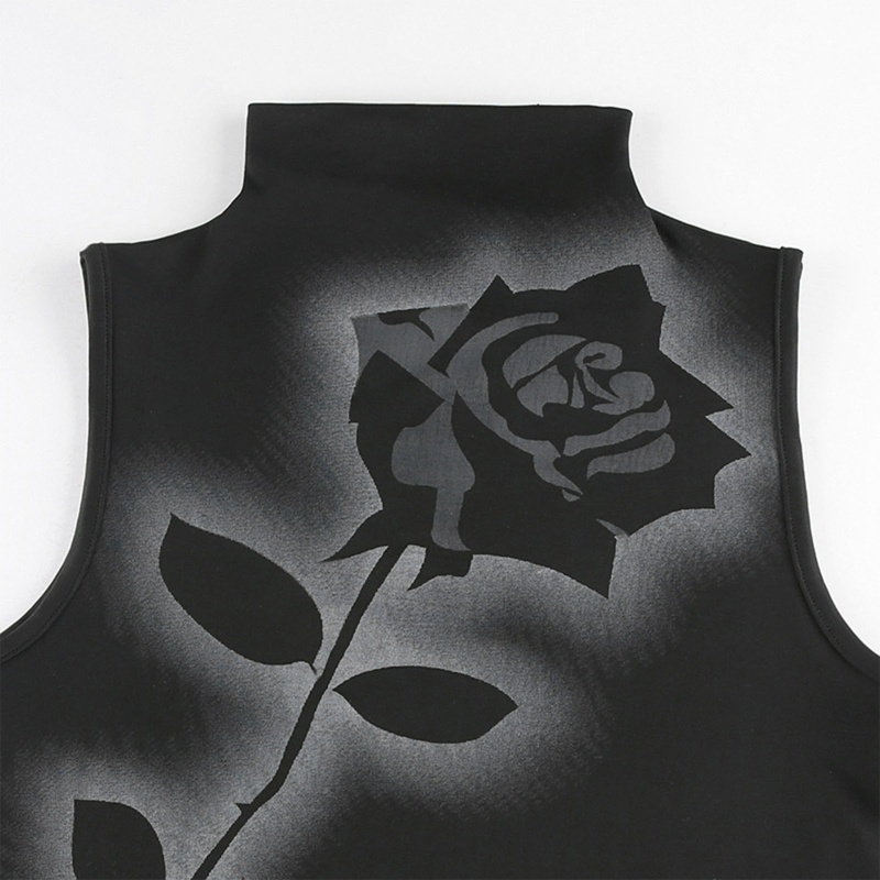 Áo Croptop Không Tay Cổ Lọ In Họa Tiết Hoa Hồng Phong Cách Harajuku Cổ Điển Dành Cho Nữ