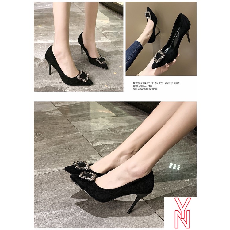 Giày Cao Gót Da Lộn Mũi Nhọn Màu Đen Đính Đá Phong Cách Pháp Thời Trang Xuân Thu Sành Điệu Cho Nữ 2021