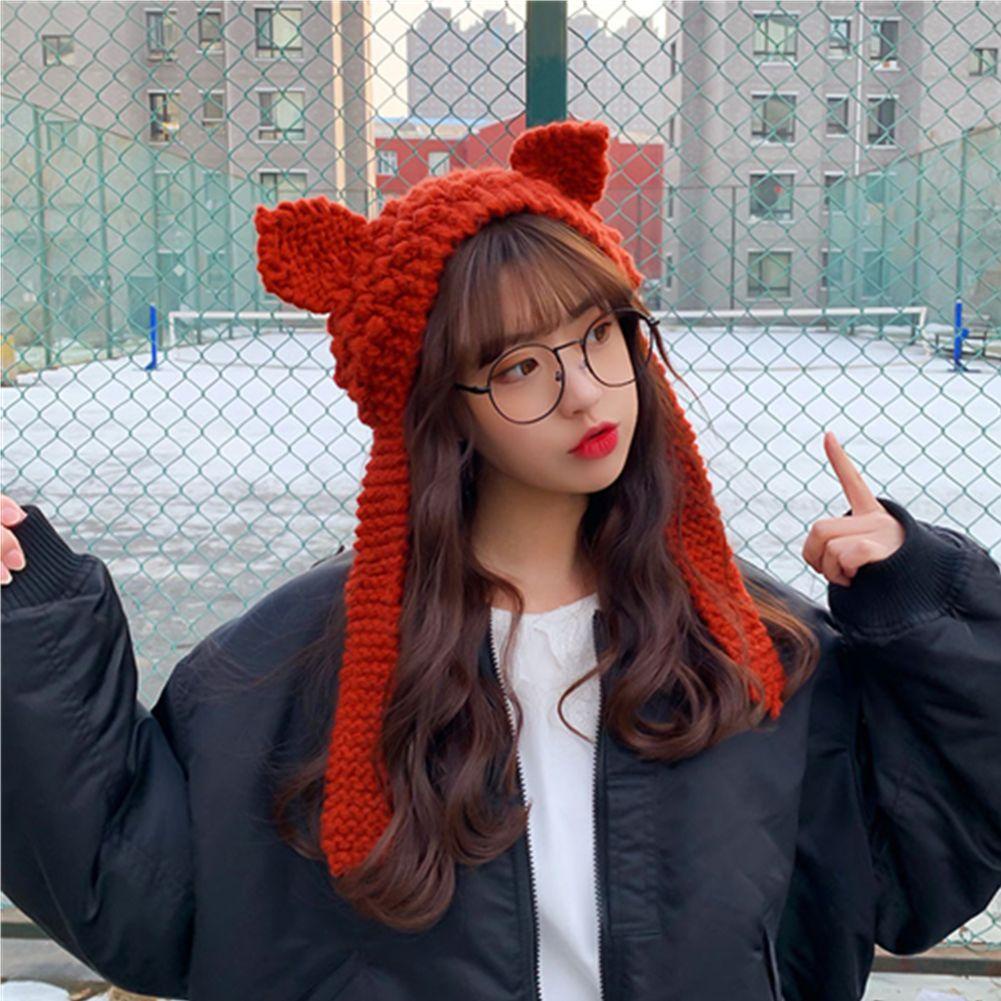 Mũ Beanie Dệt Kim Phối Tai Mèo Thoáng Khí Thời Trang Mùa Đông Xinh Xắn
