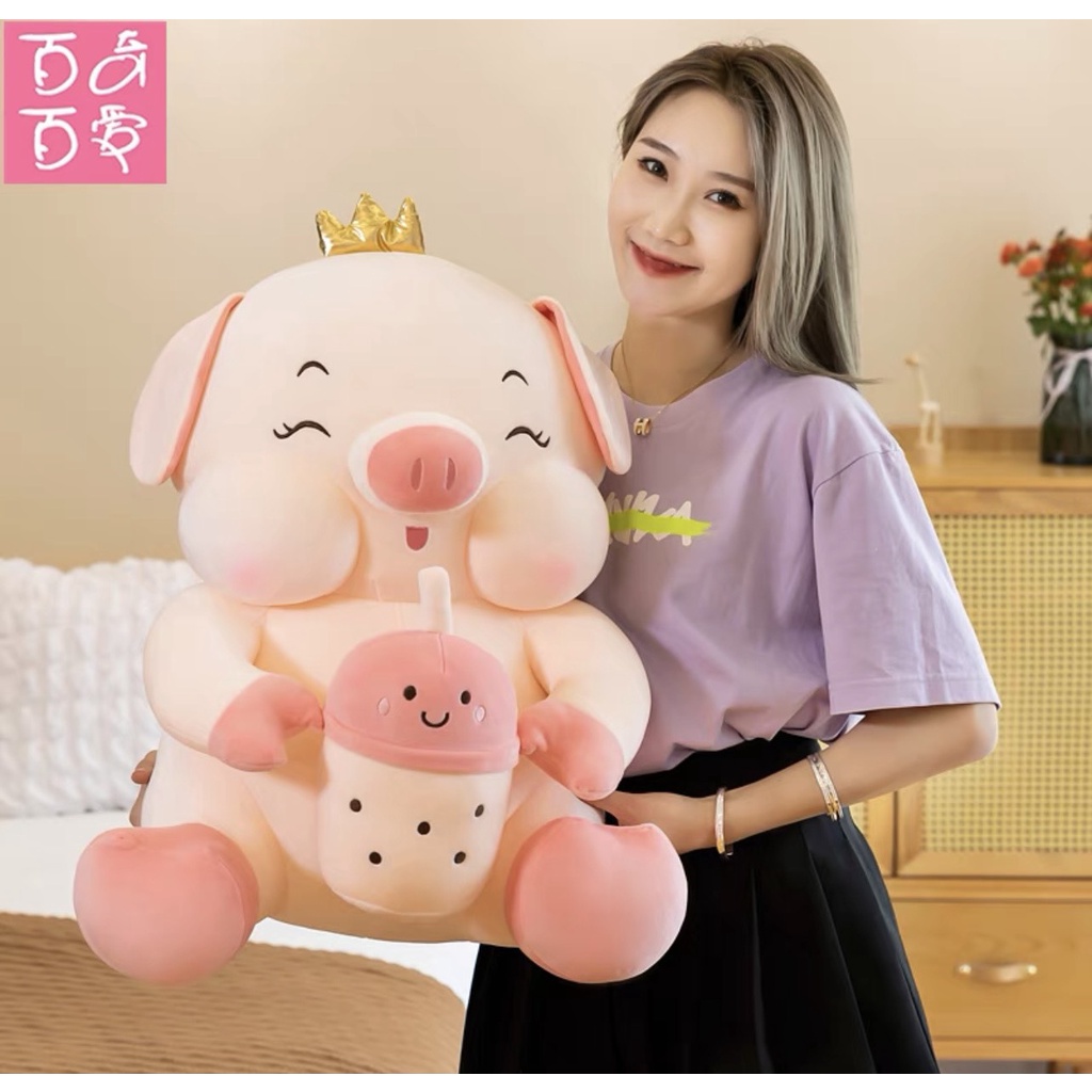 Gấu bông heo vương miện tu trà sữa size 35cm ,60cm