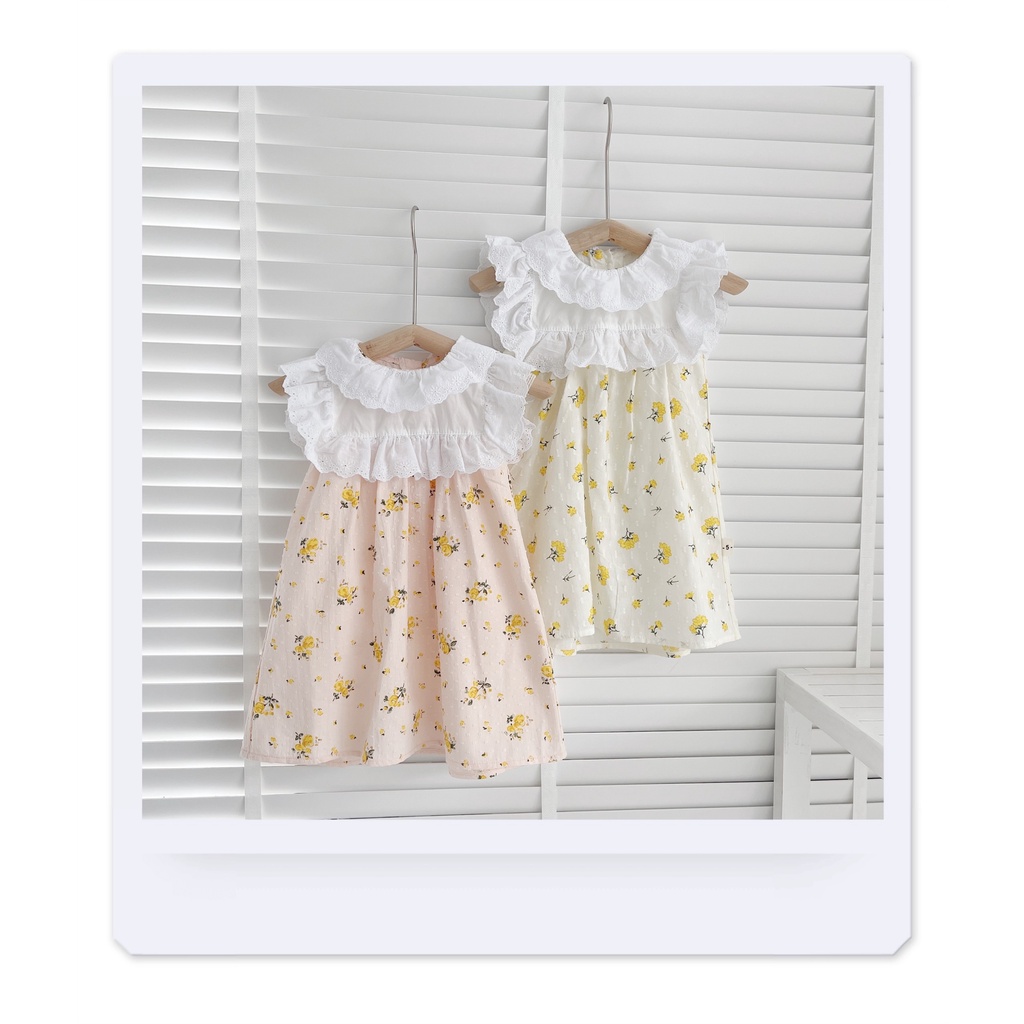 Váy hè hoa cổ 2 tâng phối ren cho bé gái 8-20kg- Chất thô nảy hạt mát
