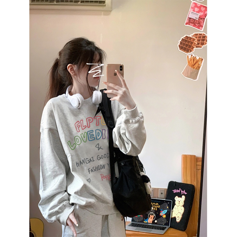 NRVP Áo thun nữ dài tay dáng rộng in chữ phong cách Hàn Quốc mới