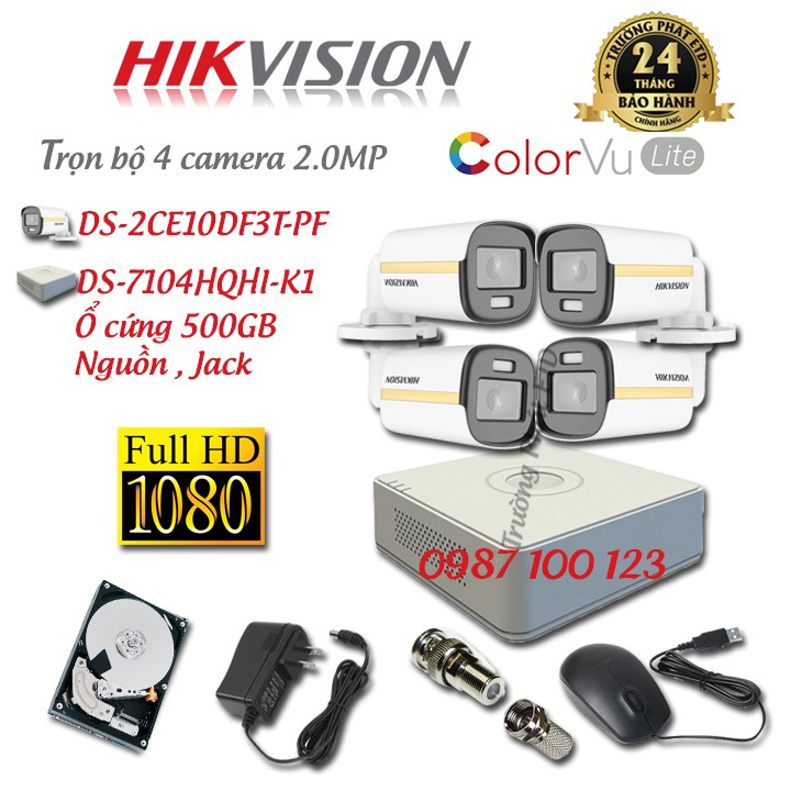 Trọn Bộ (2-8) Camera HIKVISION 2MP Có Màu 24/24 DS-2CE10DF3T-PF full HD1080 - Full Phụ Kiện - Hàng Chính Hãng