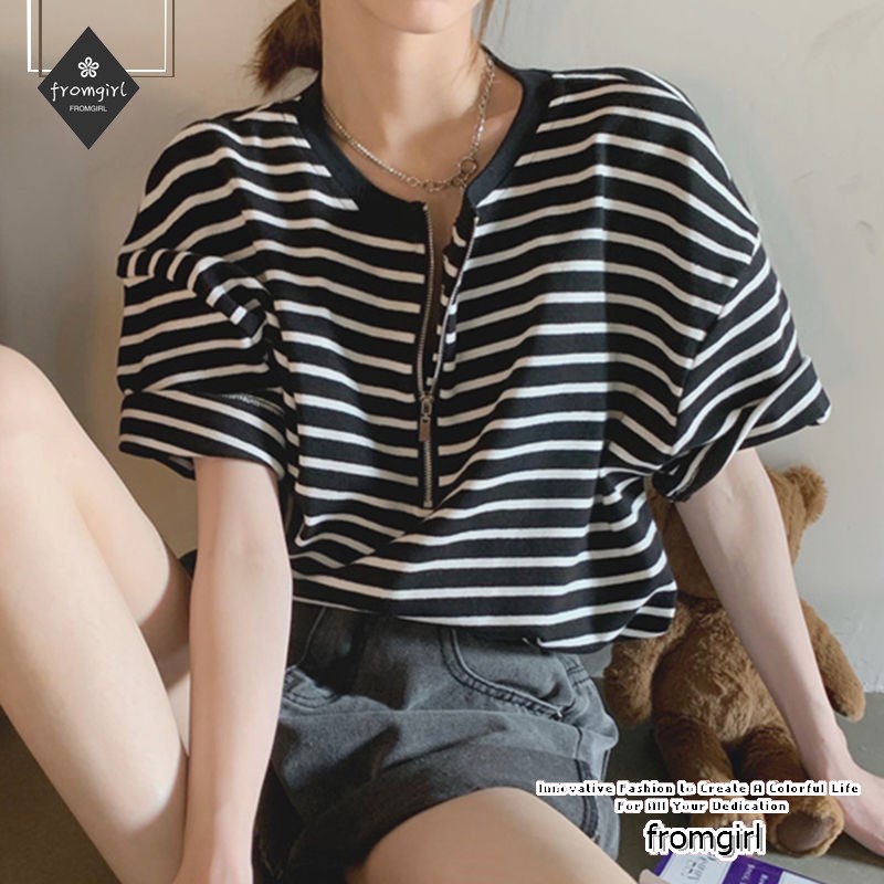 Áo Thun Tay Ngắn Cổ Tròn Họa Tiết Kẻ Sọc Dáng Rộng Thời Trang Mùa Hè Hàng Mới Dành Cho Nữ 2022