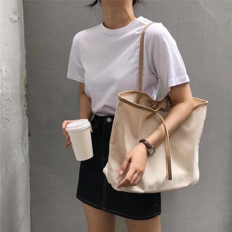 Túi Tote form to vải canvas phối dây da