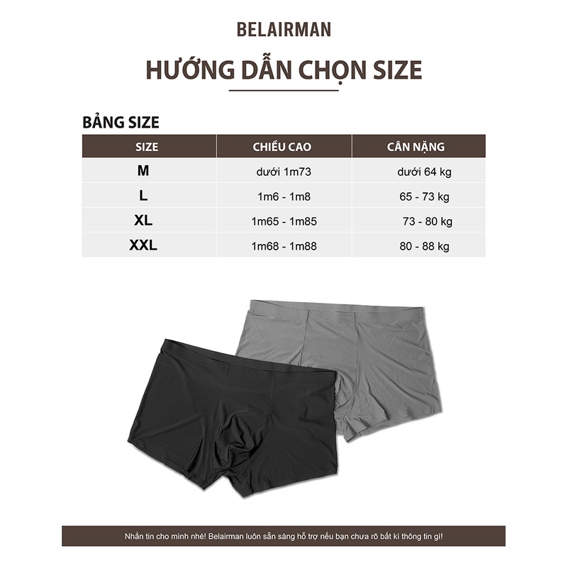 Quần lót BOXER nam vải thun lụa tự nhiên 100% kháng khuẩn, khử mùi, co giãn tốt - BELAIRMAN