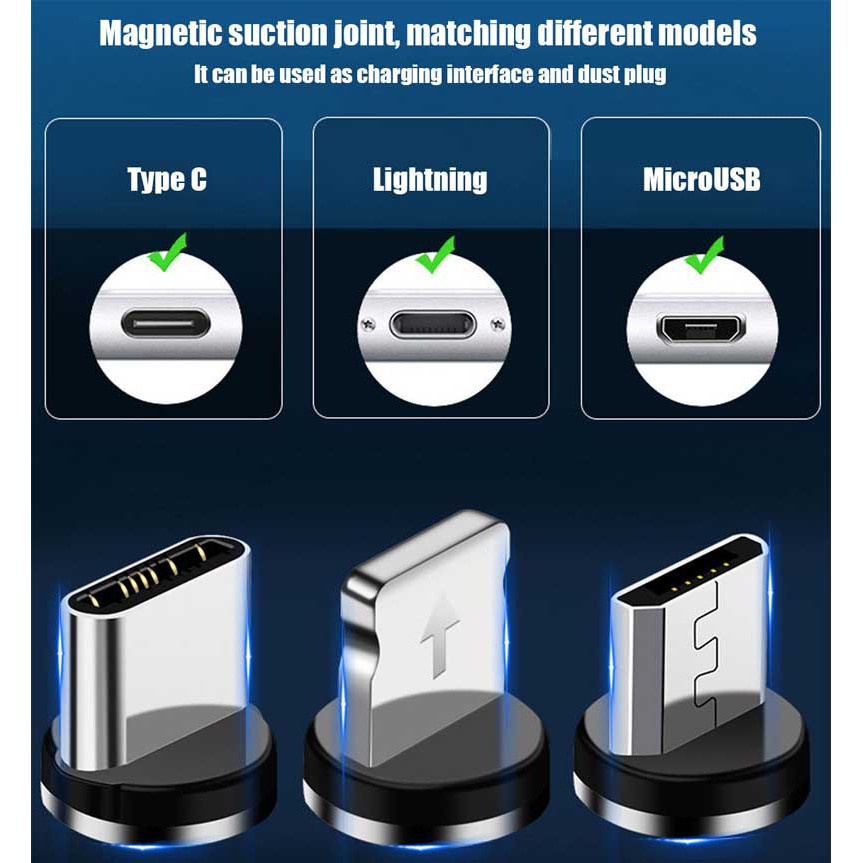 Dây Cáp Sạc Nhanh Nam Châm 1m 3 Trong 1 Đầu Micro Usb / Type-C Có Đèn Led Cho Iphone Huawei Xiaomi Vivo Oppo
