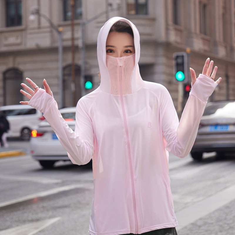 Áo khoác chống nắng tia UV tay dài có mũ trùm đầu bằng vải lụa lạnh thoáng khí họa tiết thỏ thời trang hè cho nữ