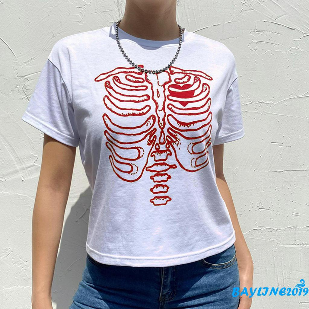 Áo Thun Nữ Ngắn Tay In Hình Bộ Xương Sáng Tạo