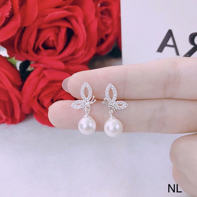 Bông tai bạc nữ hình bướm treo hạt trai sang chảnh - Kho sỉ bạc Nhất Linh