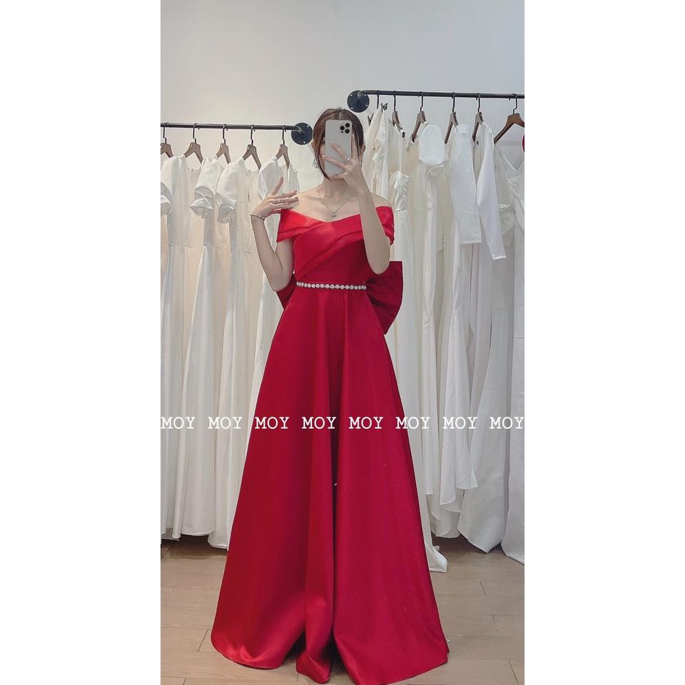 Váy bệt vai voan xòe phi nơ đan lưng - Váy đi bàn đơn giản-H318