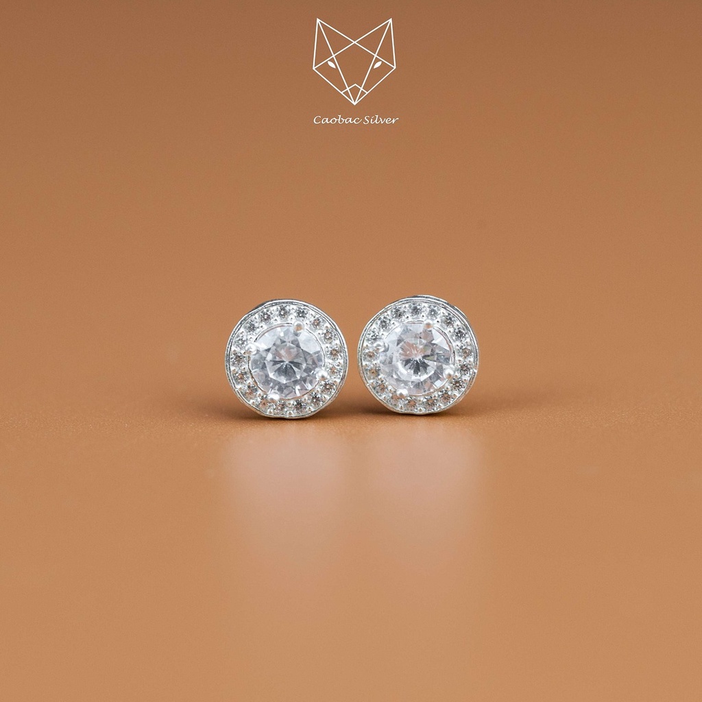 Khuyên Tai Bạc Ta Nữ CaoBac Silver Bông Bạc Đính Đá Ổ Đá Viền Đá Tròn Tinh Tế Làm Quà Lịch Sự Cho Phụ Nữ