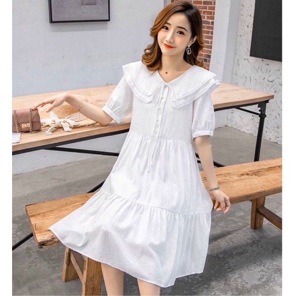 Đầm váy freesize cam cổ viền ren