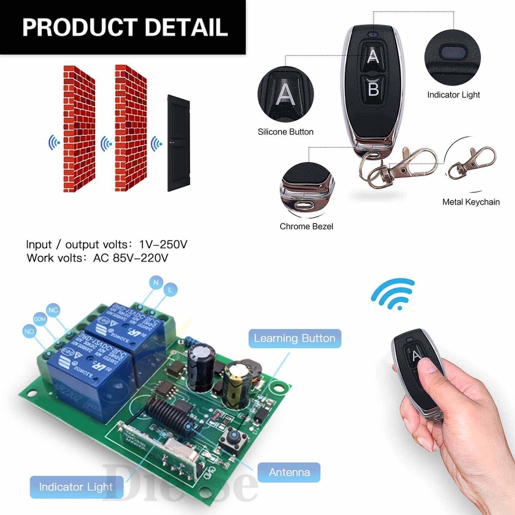 Bộ tiếp nhận tín hiệu và điều khiển từ xa DIESE 433MHz 110V 220V 2CH Rf chuyên dụng chất lượng cao