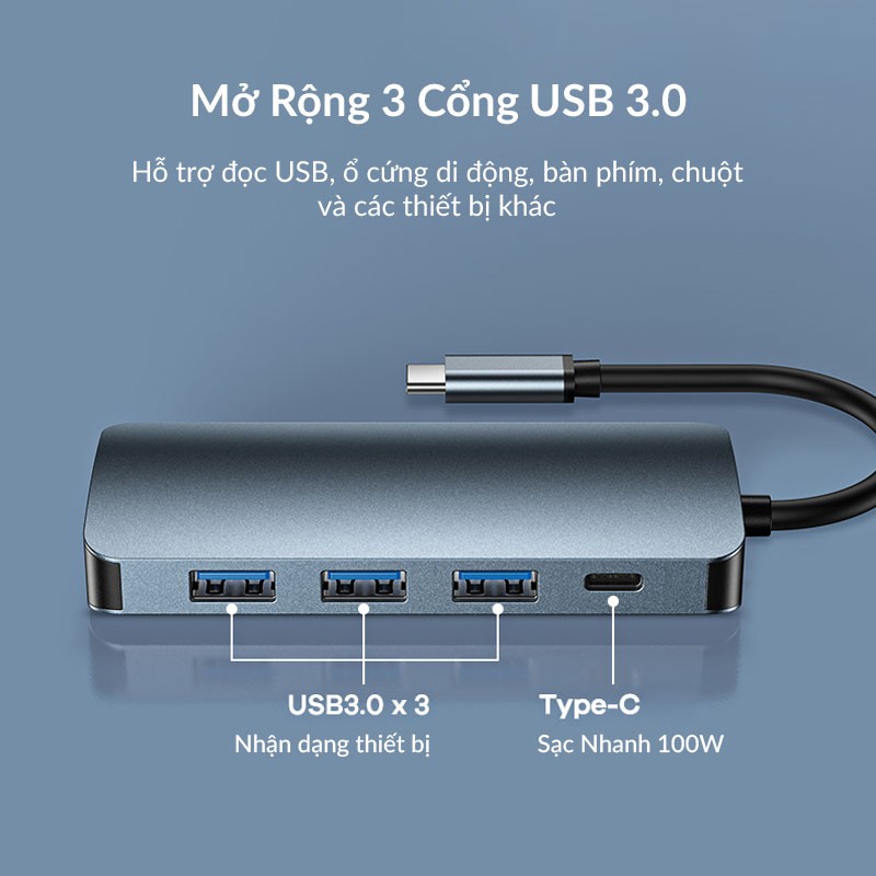 Hub Type C Chuyển Đổi 5 trong 1 REMAX RU-U5 Đa Năng Hỗ Trợ 3 Cổng USB 3.0, Cổng HDMI 4K, Cổng Sạc USB-C 100W, PD3.0