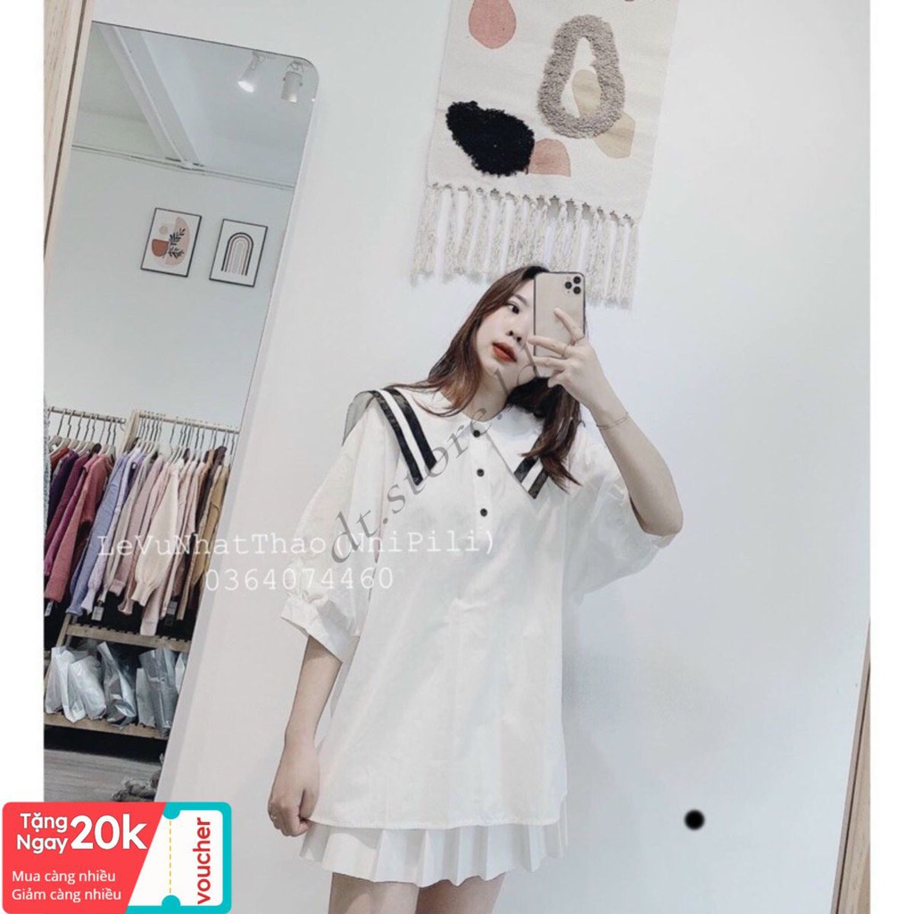 freeship Áo Sơ Mi Nữ Thủy Thủ , Áo Sơmi Trắng Nữ Cổ Phối Màu F012