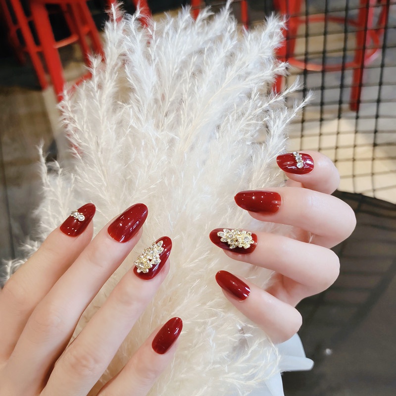 YADORNOS Set 24 móng tay giả YADORNOS màu đỏ rượu vang dáng dài có thể tháo rời thời trang