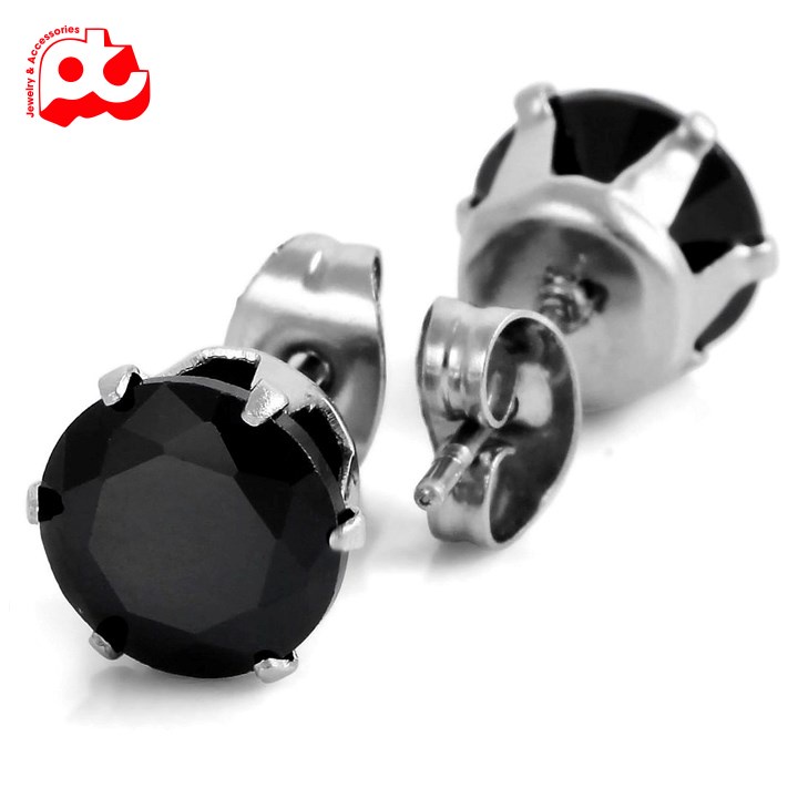 Bông tai nam inox cao cấp đẹp 1 cặp đá tròn đen bấm lỗ tai trangsucpt kích cỡ 3mm 4mm 5mm 6mm 7mm PTBTNA21